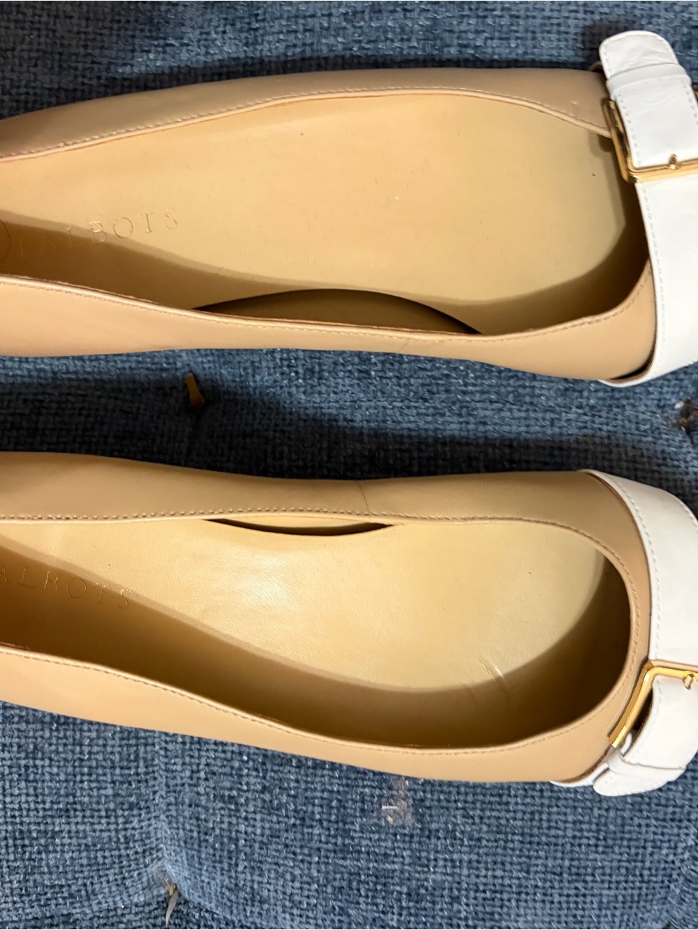 Talbots Beige and White Leather Ballet Flats with Gold Accent